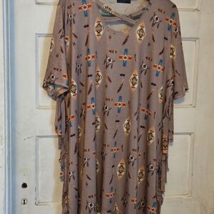 Patterned Midi Dress in Tan and Blue